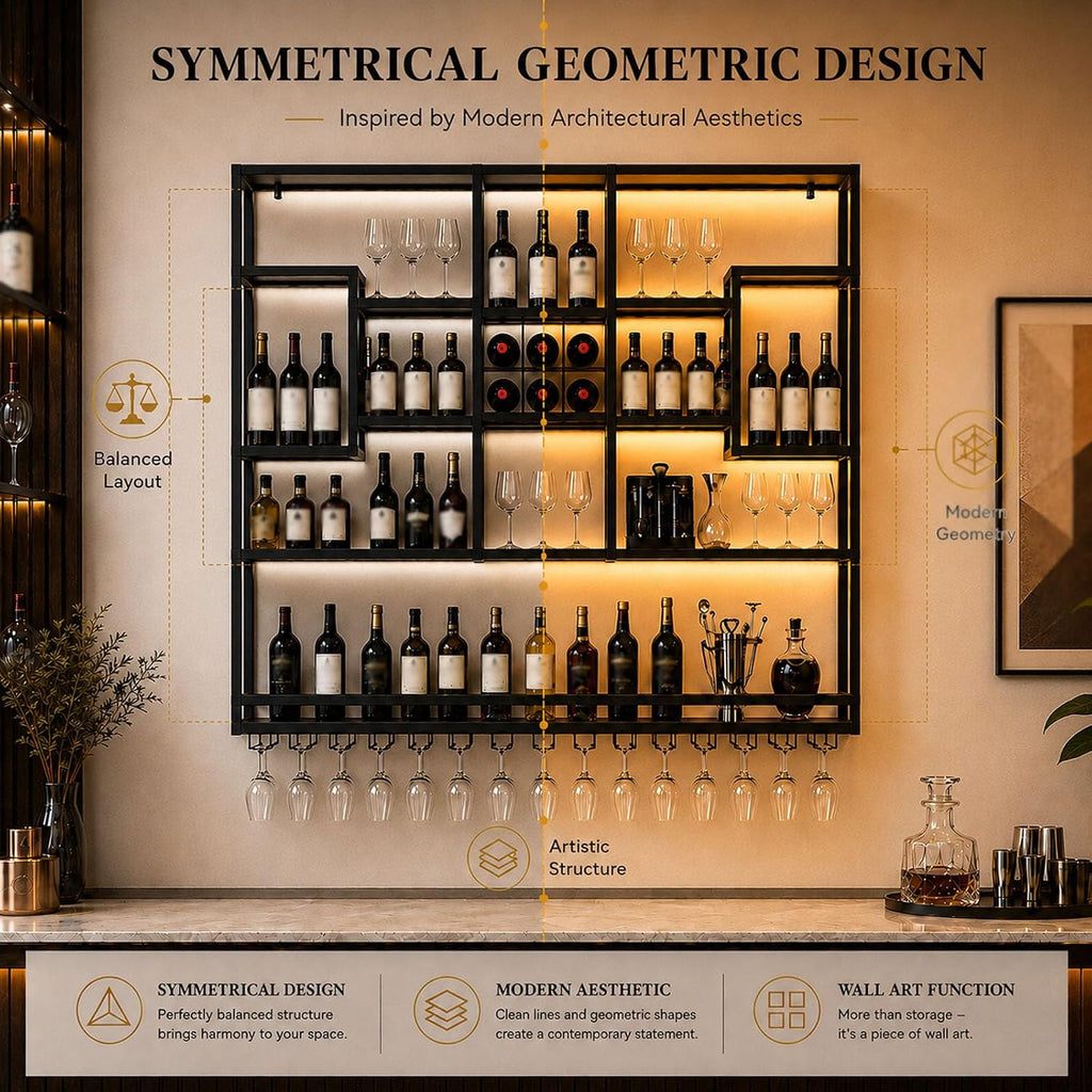 71in LED Wall Mounted Wine Rack with Stemware Holder and Wood Shelves | Combines warm LED lighting, 176 lb capacity and spacious bottle storage to create a practical, organized home bar display