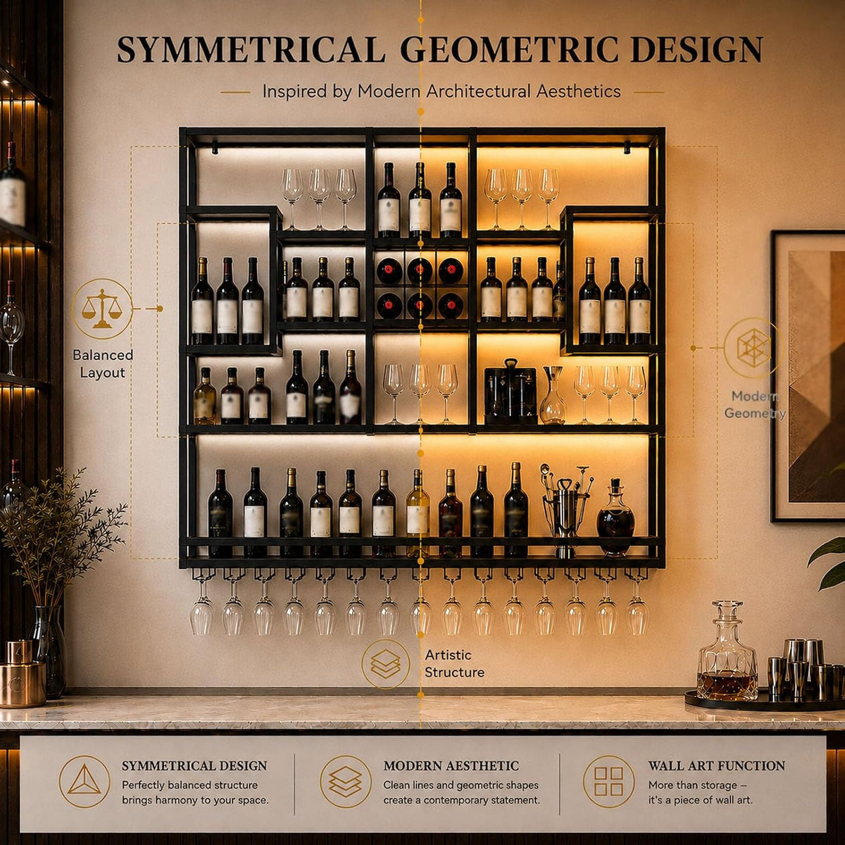 71in LED Wall Mounted Wine Rack with Stemware Holder and Wood Shelves | Combines warm LED lighting, 176 lb capacity and spacious bottle storage to create a practical, organized home bar display