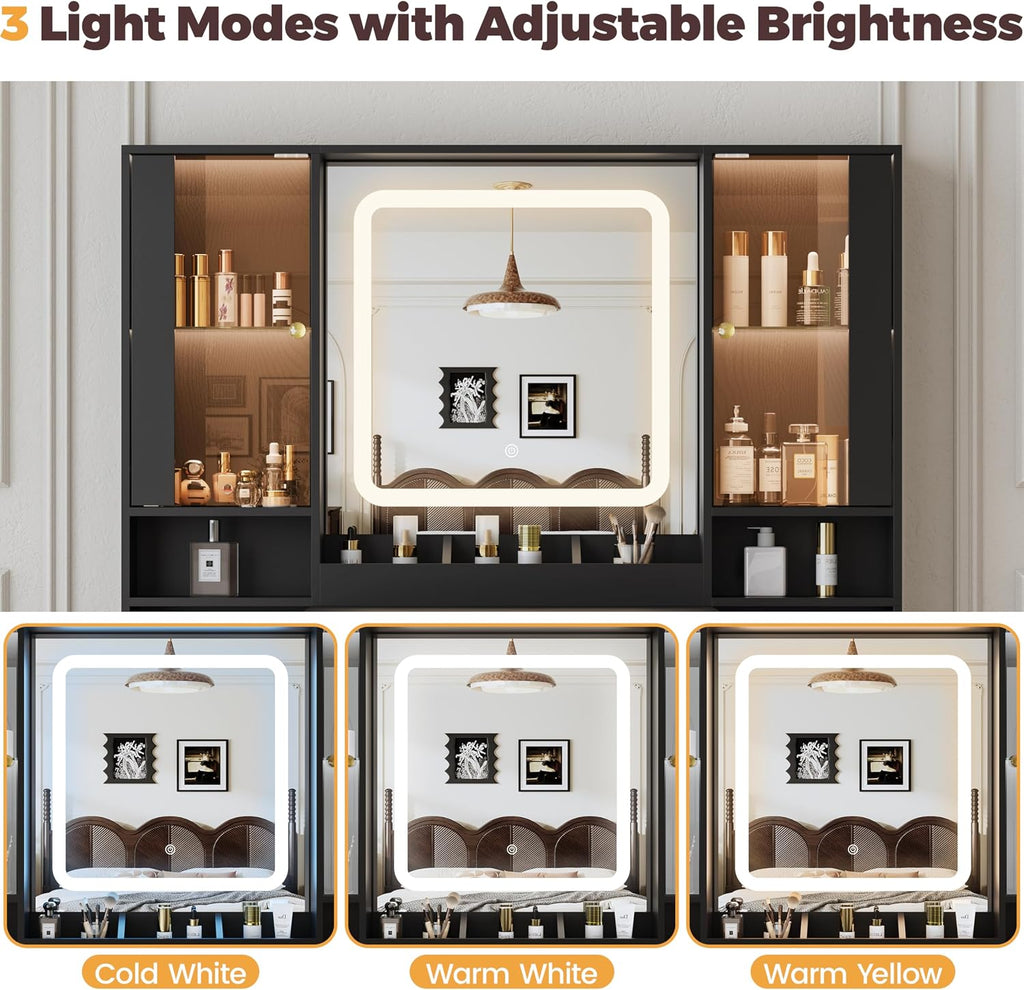 BORNOON Vanity Desk with Mirror and Lights, Makeup Vanity with 7 Drawers, 2 Glass Door Cabinets, Charging Station, Adjustable Shelves, RGB Lighting, Holder