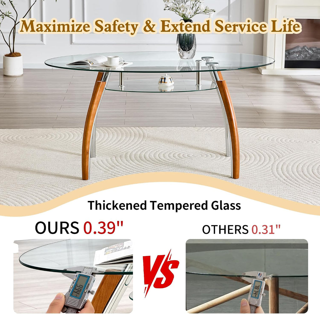 62.87" Glass Dining Table for 4-6, Modern Oval Dining Room Table with 0.39" Tempered Glass Top and Storage Shelf, Kitchen Dinner Table with Silver Electroplated Metal & Solid Rubber Wood Legs