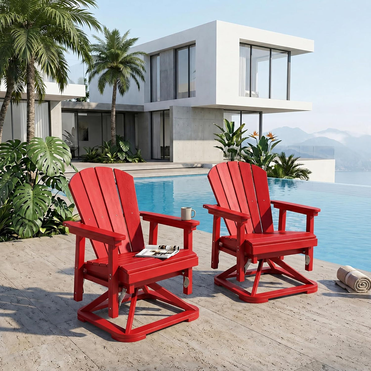 Set of 2 Adirondack Swivel Glider Chairs, All-Weather HDPE Patio Glider Set for Porch, Balcony, Heavy Duty Swivel Rocker Outdoor Seating, 360 Degree Rotation, Red