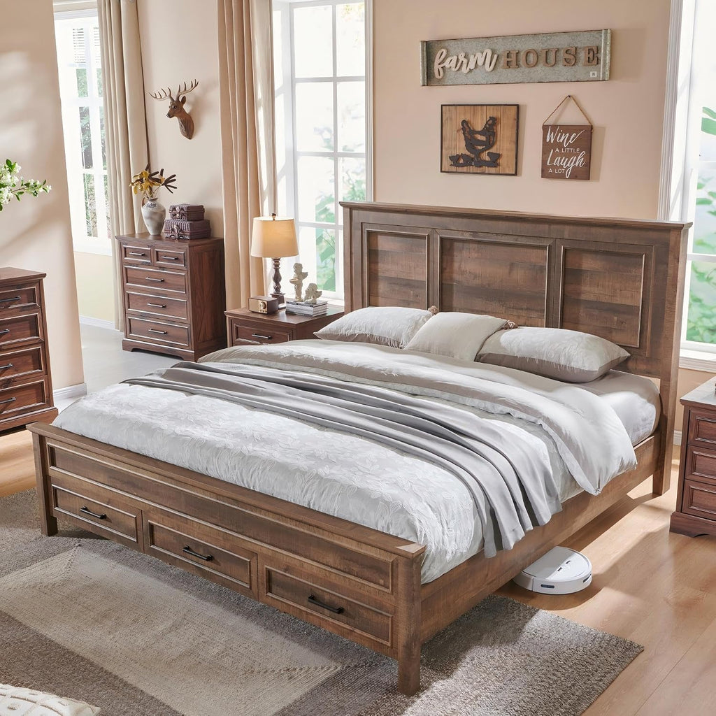 ACCOHOHO Farmhouse King Size Bed Frame with 53" Tall Headboard, Light Brown