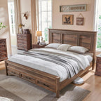 ACCOHOHO Farmhouse King Size Bed Frame with 53" Tall Headboard, Light Brown