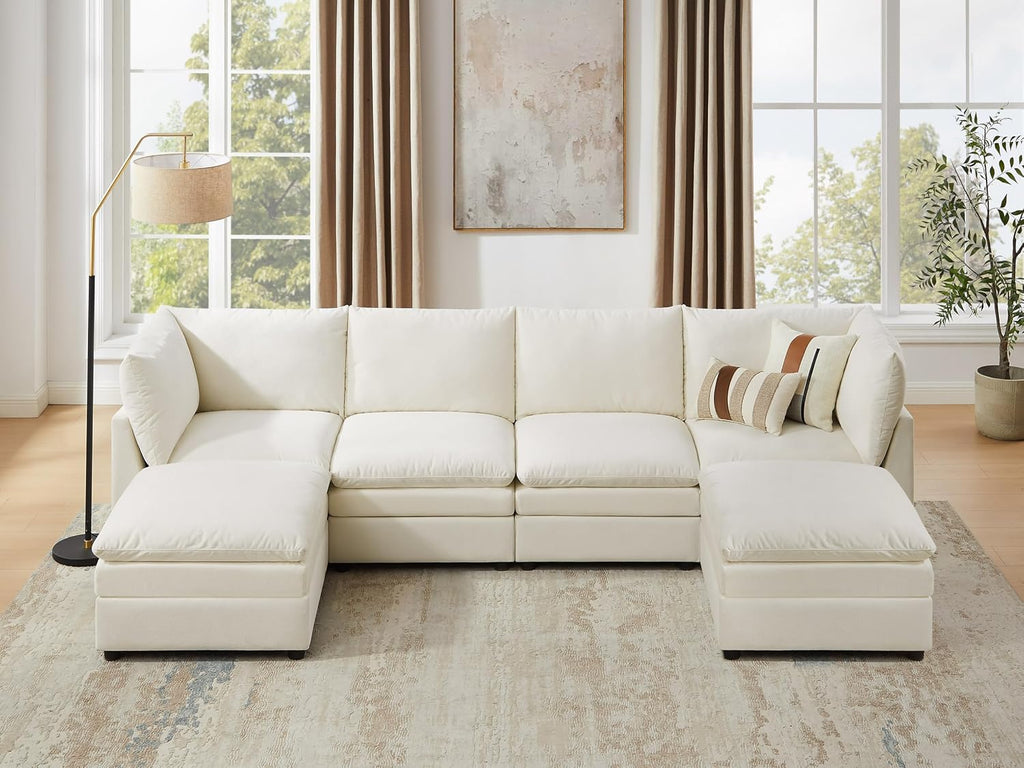 VANOMi U Shape Modular Sectional Sofa Couch for Living Room, Oversized Modern Sleeper Cloud Couch with Deep Seat Double-Layer Thick Cushion Ottoman, Convertible Upholstered Sofa Set, Ivory White