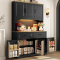 71" Tall 47" Wide Large Pantry Storage Cabinet w/ Power Outlet,LED Light,Farmhouse Kitchen Hutch Food Pantry Cabinet,2 Drawer,8 Doors Shelves,Open Countertop for Kitchens,Dining Room,Black