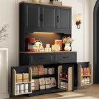 71" Tall 47" Wide Large Pantry Storage Cabinet w/ Power Outlet,LED Light,Farmhouse Kitchen Hutch Food Pantry Cabinet,2 Drawer,8 Doors Shelves,Open Countertop for Kitchens,Dining Room,Black