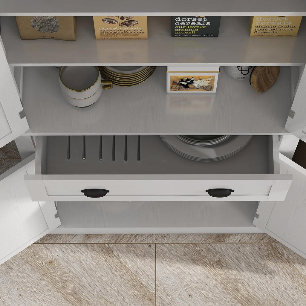 HOMCOM 72.5" Kitchen Pantry Cabinet Freestanding 4 Doors White Wood Grain | Traditional Storage Cabinet, Drawer, 3 Adjustable Shelves, for Dining Room