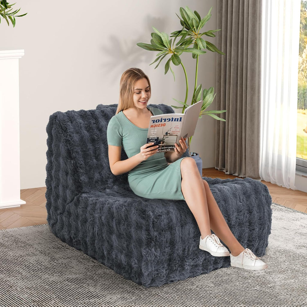 Bean Bag Chair for Adults, Giant Bean Bag Chair with Pillow, Oversized Chaise Lounge Chair Indoor with Soft Faux Fur for Living Room Bedroom or Reading Nook