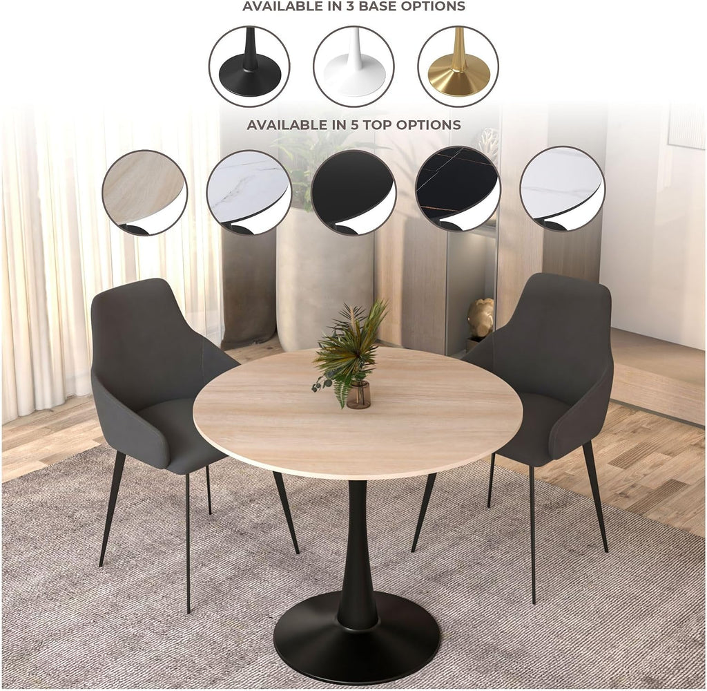 LeisureMod 35" Round Dining Table with Sintered Stone Top – Modern Black Pedestal Base Mid-Century Café Table for Kitchen & Dining Room