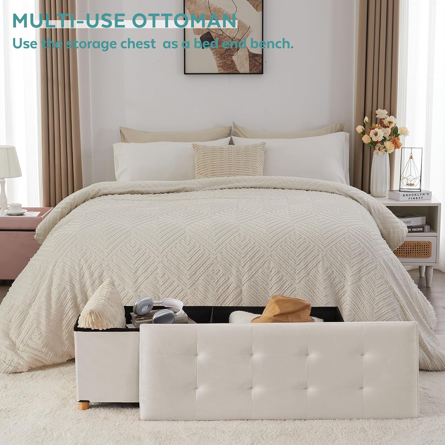BRIAN & DANY 43 Inches Folding Storage Ottoman Bench, Ottoman with Storage Bench for Bedroom, Living Room, Entryway, with Legs, White