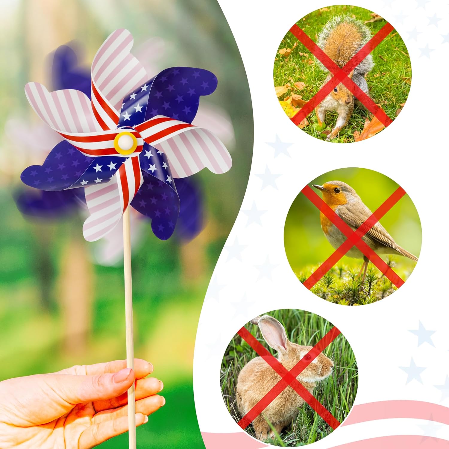 HOOSUN 12 Pcs Patriotic Pinwheels for Yard and Garden Patriotic Decorations,American Flag Pinwheels to Scare Birds Away,Red White and Blue Decorations Reflective Wind Spinners,Veterans Day Decorations