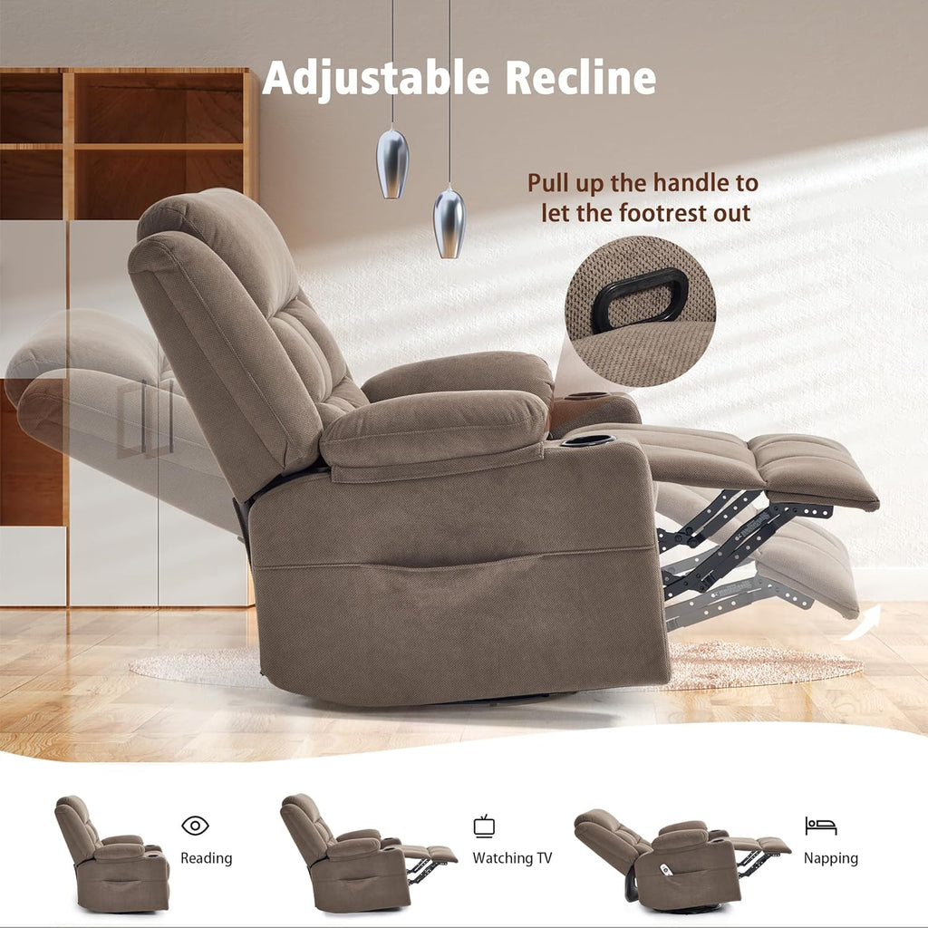 Ketaiyou Rocker Swivel Recliner Chair for Adults, Overstuffed Manual Recliner Glider with Massage and Heat, Comfy Soft Fabric Living Room Reclining Sofa Chair (Coffee2)