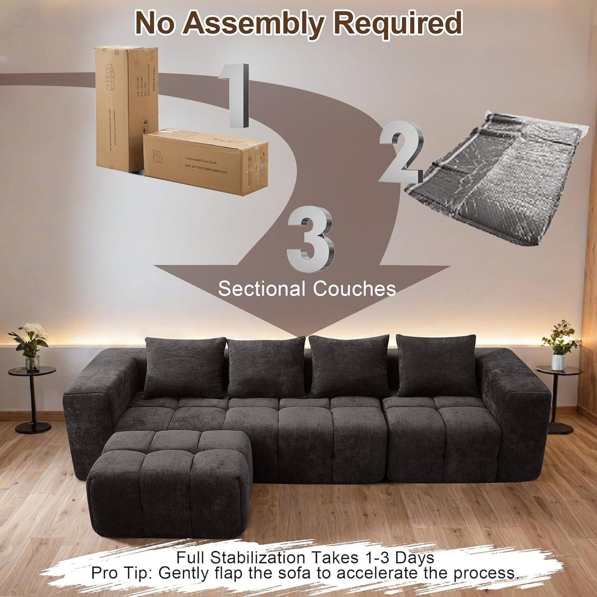 119" Couch, Cloud Sectional Couch with Deep Seat, High-Density Memory Foam and Chaise, Sectional L Shaped Sofa, Couches for Living Room, No Assembly Required Tufted Sofa, Dark Grey