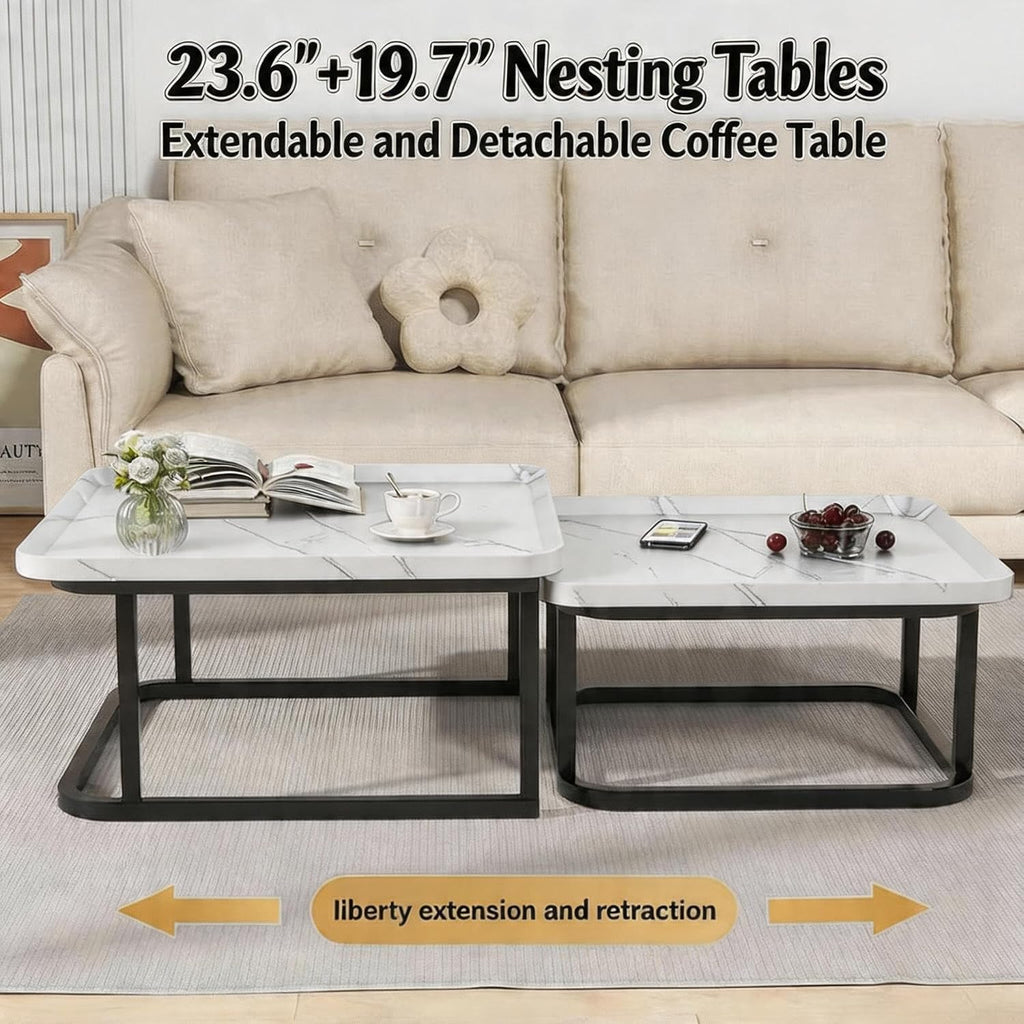Set of 2 Nesting Coffee Tables, Space‑Saving Square Side Table Set, White | Stackable Design, Mid‑Century Modern Style, Multi‑Scene Usage, Ideal For Living Room, Bedroom And Balcony Decor