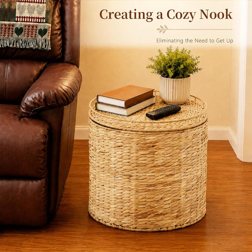 Round Water Hyacinth Storage Ottoman with Lid | Handwoven Water Hyacinth Footstool, Footrest and Side Table for Living Room office (Natural-M)