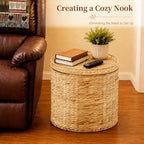 Round Water Hyacinth Storage Ottoman with Lid | Handwoven Water Hyacinth Footstool, Footrest and Side Table for Living Room office (Natural-M)