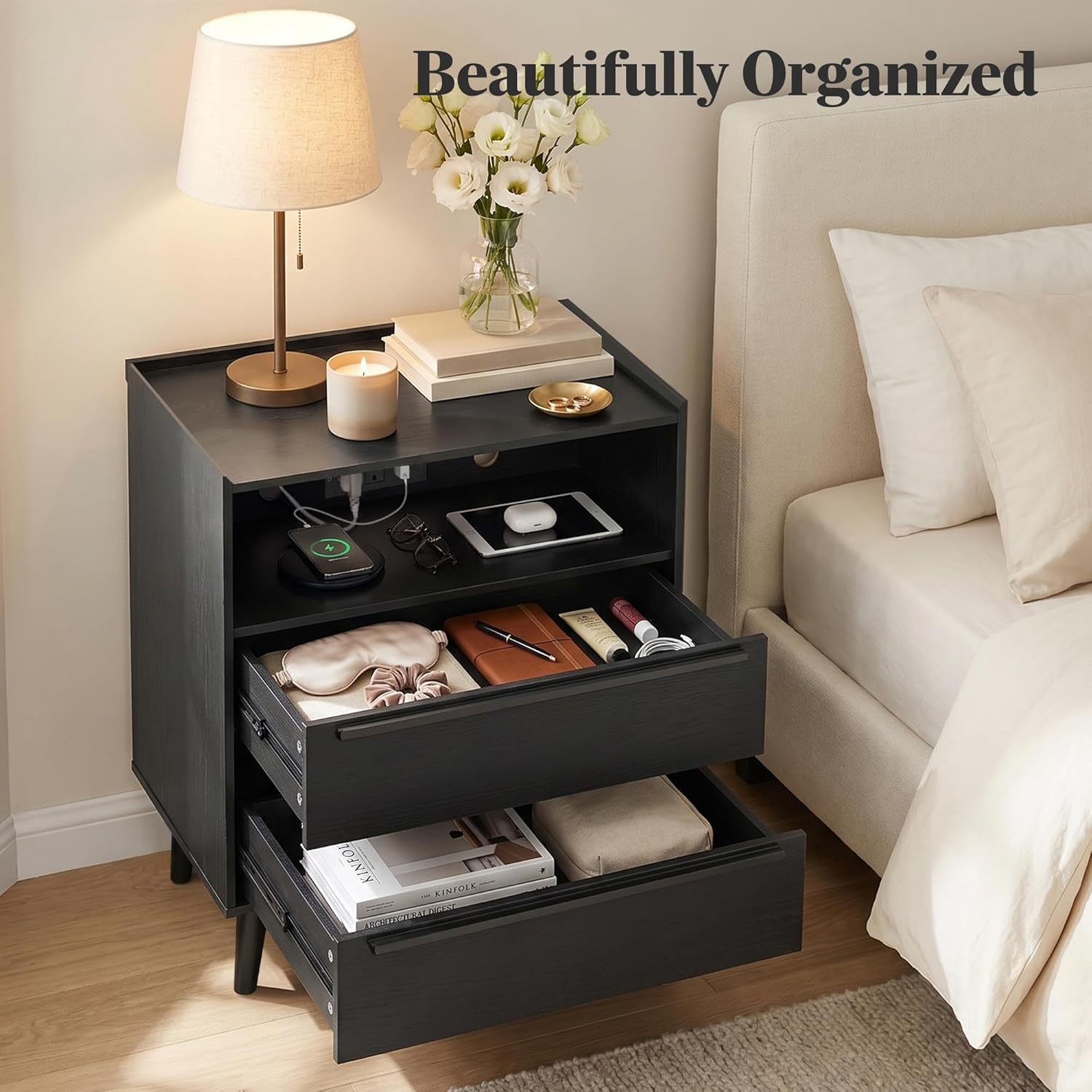 26 Inch Tall Black Oak Nightstands Set of 2 with Charging Station | Matching pair for a streamlined bedroom look; each 24 inch wide table has tray top, open shelf, and 2 drawers