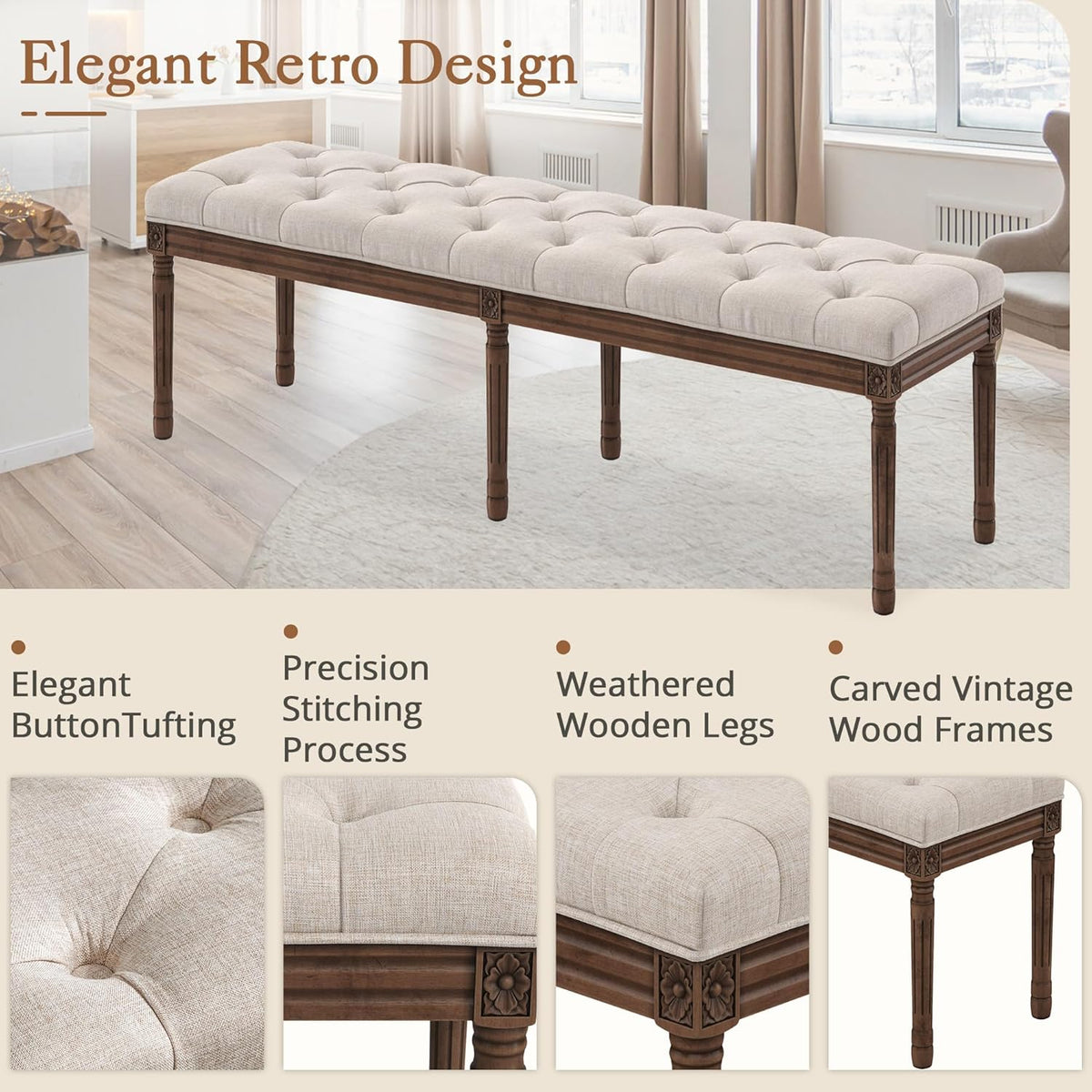 LUE BONA 60" Fabric End of Bed Bench, Upholstered Tufted French Bedroom Bench with Carved Dark Brown Legs for Bedroom End of King Size Bed, Living Room, Linen