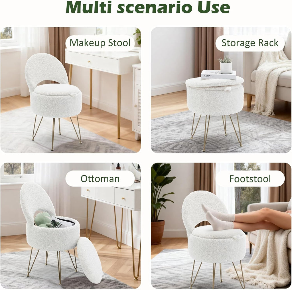 Korser Vanity Stool Chair with Storage and Folding Back, 13"x13"x27.6" Round Faux Fur Comfy Ottoman, 4 Metal Legs with Anti-Slip Feet, Makeup Chair for Living Room, Bedroom, Dressing Room
