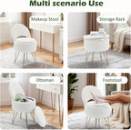 Korser Vanity Stool Chair with Storage and Folding Back, 13"x13"x27.6" Round Faux Fur Comfy Ottoman, 4 Metal Legs with Anti-Slip Feet, Makeup Chair for Living Room, Bedroom, Dressing Room
