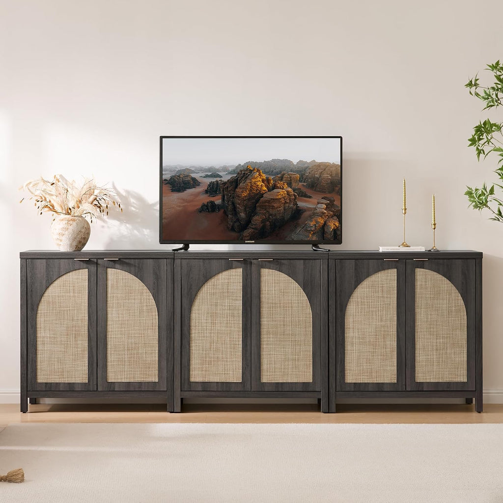 SICOTAS 102"W Rattan Sideboard Buffet Cabinet Set of 3, Modern Credenza Storage Cabinet with Arch Doors & Shelves, Boho Coffee Bar Media Console Cabinets for Kitchen, Living Room, Entryway, Black Oak