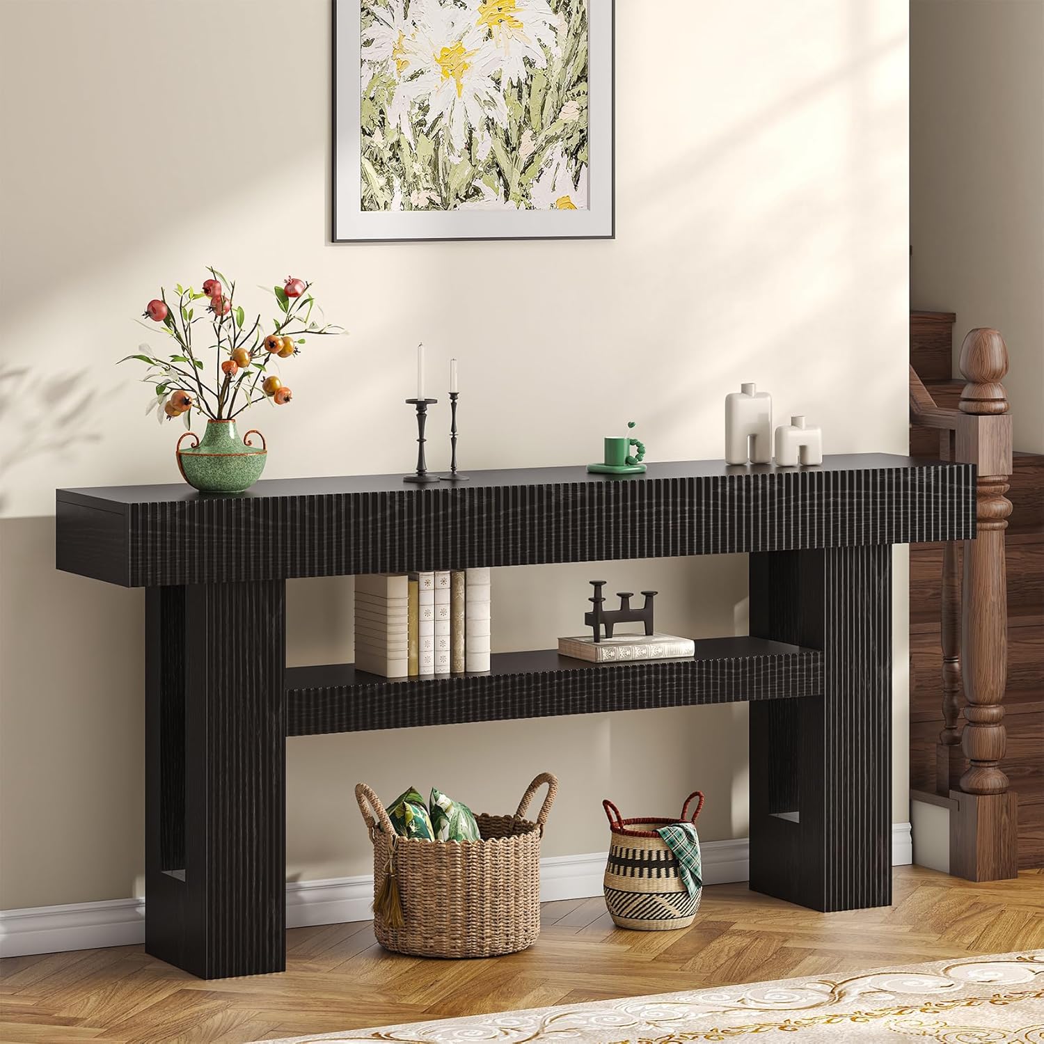 Bigbiglife 63" Fluted Console Table, Black | 2-Tier with Storage Shelves, Narrow Long Wood Design, For Entryway, Living Room, Hallway, Behind Couch or Sofa Table