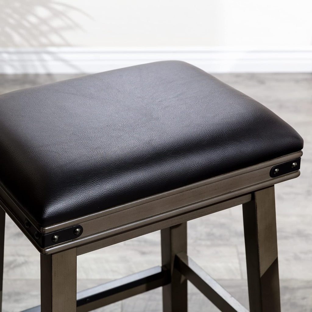 DTY Indoor Living Cortez Bonded Leather Stool, Weathered Gray Finish, 24" Counter Height, Black Leather Seat, Set of 2
