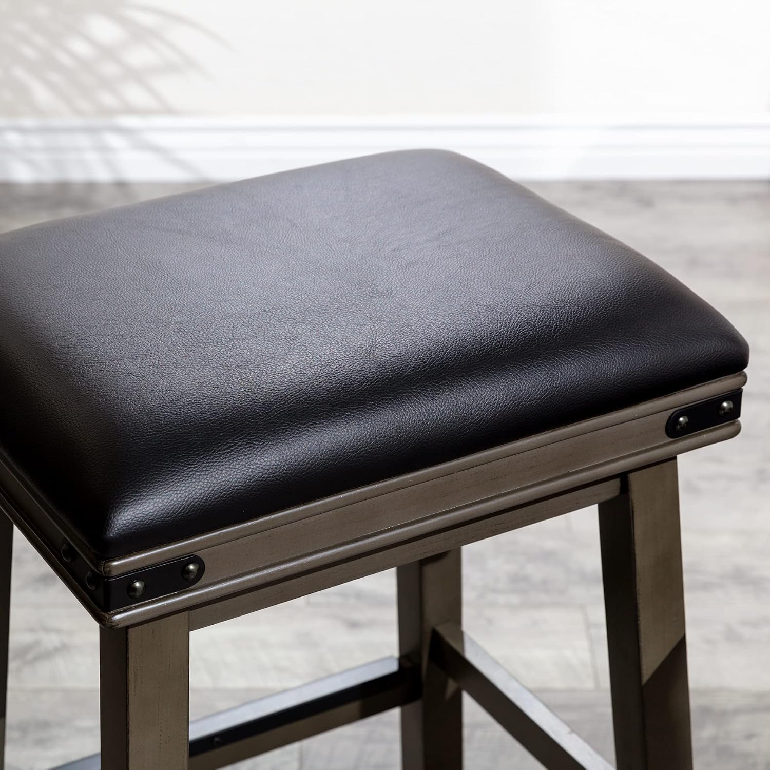 DTY Indoor Living Cortez Bonded Leather Stool, Weathered Gray Finish, 24" Counter Height, Black Leather Seat, Set of 2