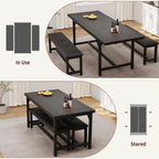 IDEALHOUSE 3 Piece Dining Table Set for 4-6, 63" Extendable Thick Metal Frame Kitchen Table with 2 Upholstered Benches Set for 6, Rectangle Wooden Dinette Table Set for Dining, Apartment, Retro Black