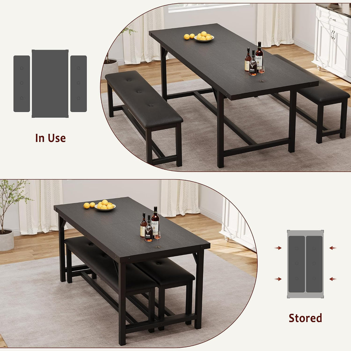 IDEALHOUSE 3 Piece Dining Table Set for 4-6, 63" Extendable Thick Metal Frame Kitchen Table with 2 Upholstered Benches Set for 6, Rectangle Wooden Dinette Table Set for Dining, Apartment, Retro Black