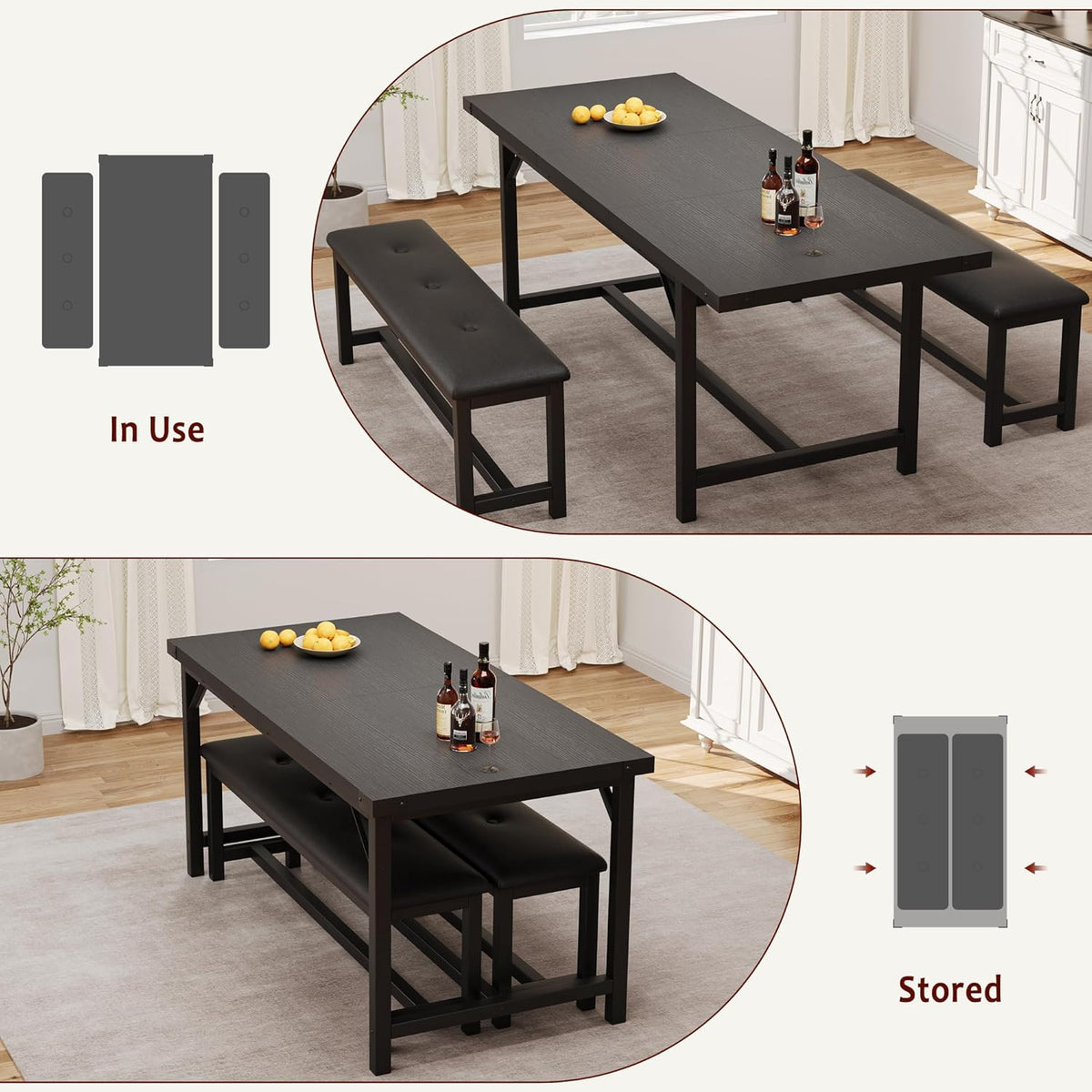 3-Piece Dining Table Set for 4-6 People, Extendable Kitchen Table Set with 2 Upholstered Benches, Dining Room Table Set for Apartment, Kitchen, Living Room, Black
