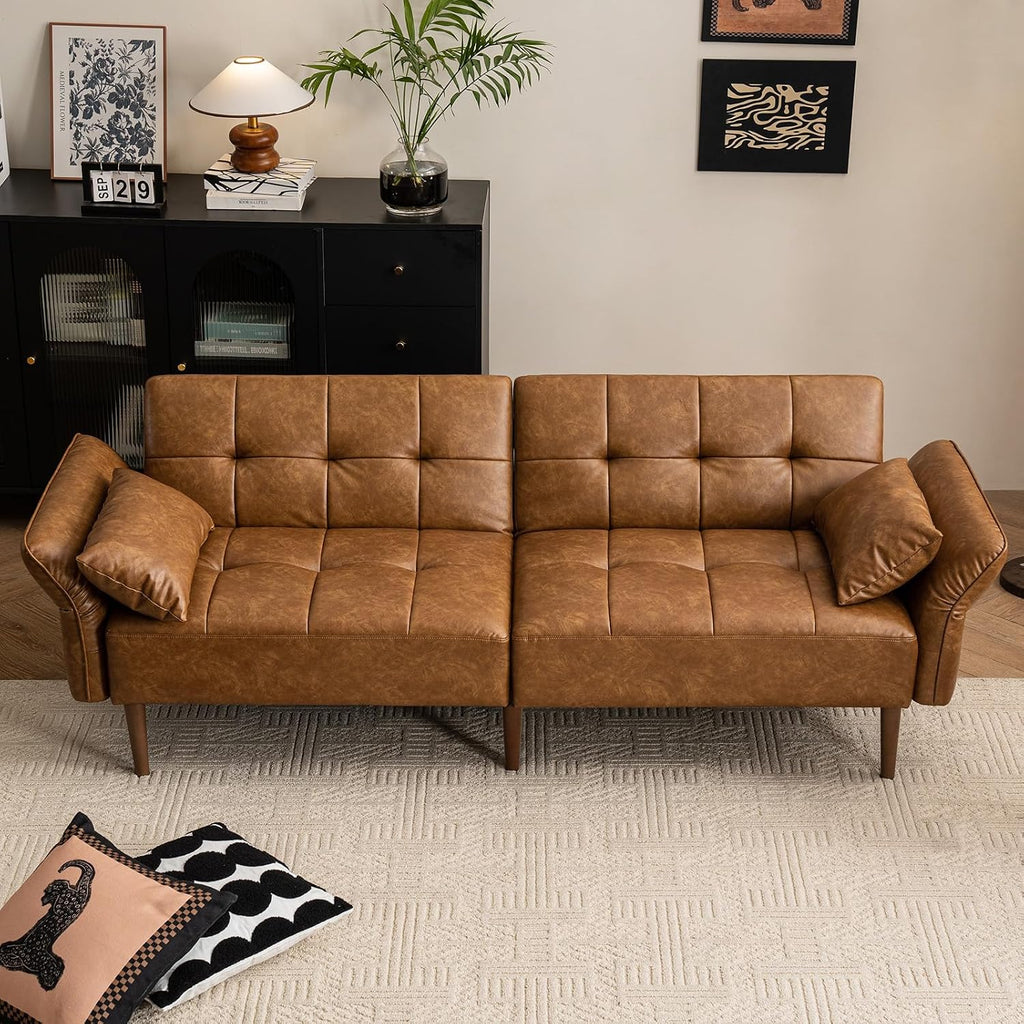 HALLYBEE 85" Futon Faux Leather Couch with Adjustable Armrests Brown | Futon Sofa Bed, Sleeper Sofa, Small Couch with Pillows, Side Pockets, Mid Century Modern, Living Room, Bedroom, Apartment