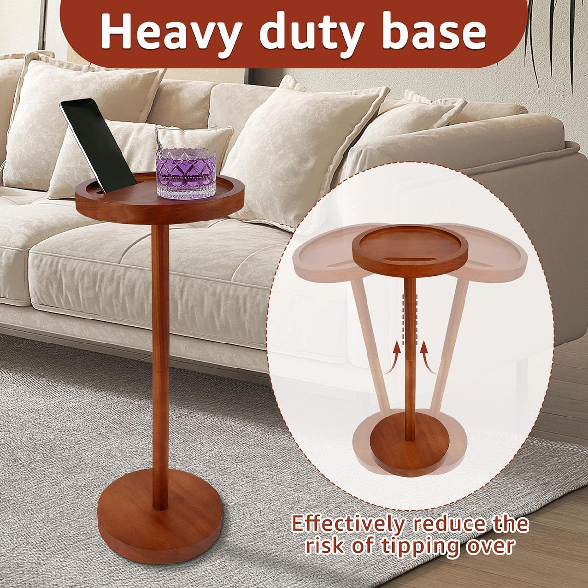 Solid Wood Pedestal Side Table With Weighted Base and Phone Holder for Small Spaces - Drink Table for Living Room, Bedroom, Sofa, Couch, Chair