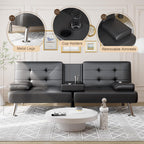 Shahoo Leather Convertible Futon Sofa Bed, Folding Sleeper Loveseat Couch | Upholstered futon with removable armrests, metal legs and 2 cup holders for living room (Black)