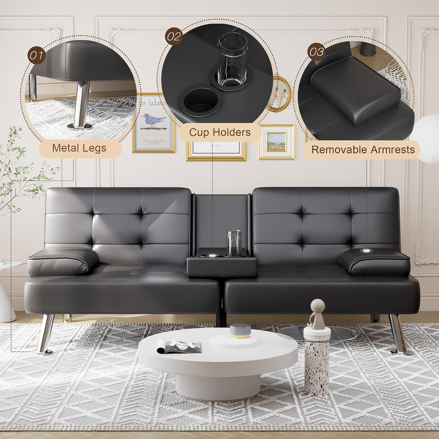 Shahoo Leather Convertible Futon Sofa Bed, Folding Sleeper Loveseat Couch | Upholstered futon with removable armrests, metal legs and 2 cup holders for living room (Black)