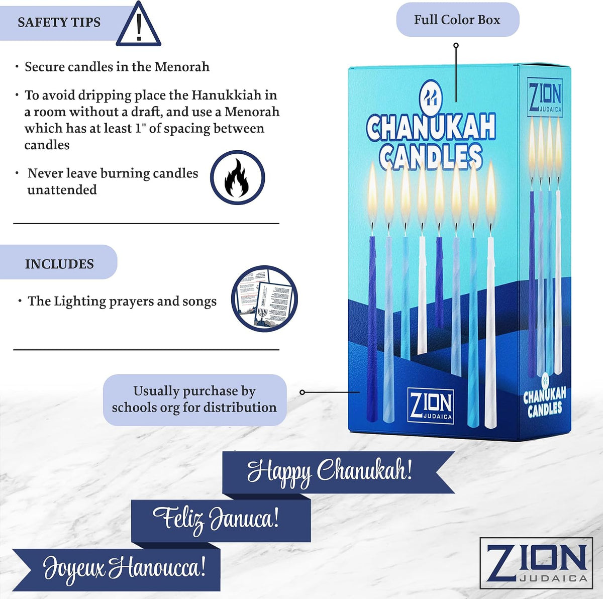 Hanukkah Menorah Candles Box of 44 Multi-Blue with Prayer Card - Spiral Style Quality Wax Chanukah Candles - Fits Most Menorahs – Enough for All 8 Nights - Bulk Hanukkah Candles by Zion Judaica