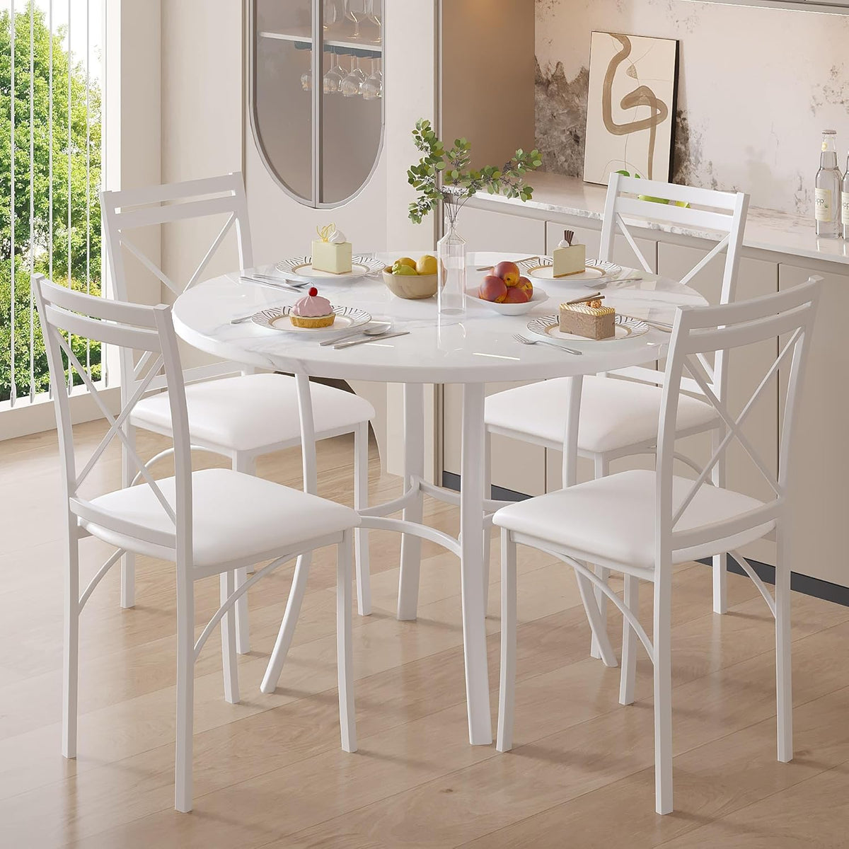 VECELO 36" Round Dining Table for 4, Faux Marble Dinette with Metal Frame for Kitchen, Apartment, Home, Space-Saving, White