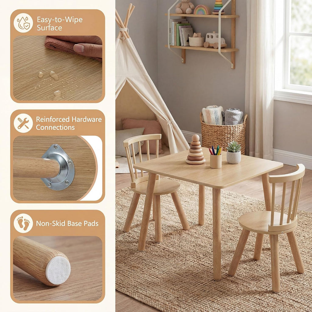 Costzon Kids Table and Chairs, 3 PCS Wooden Desk Set for Toddlers (Natural) | Pine Wood Frame, 2 Rounded Chairs, Nursery Children's Room Furniture for Arts, Crafts, Reading, Eating