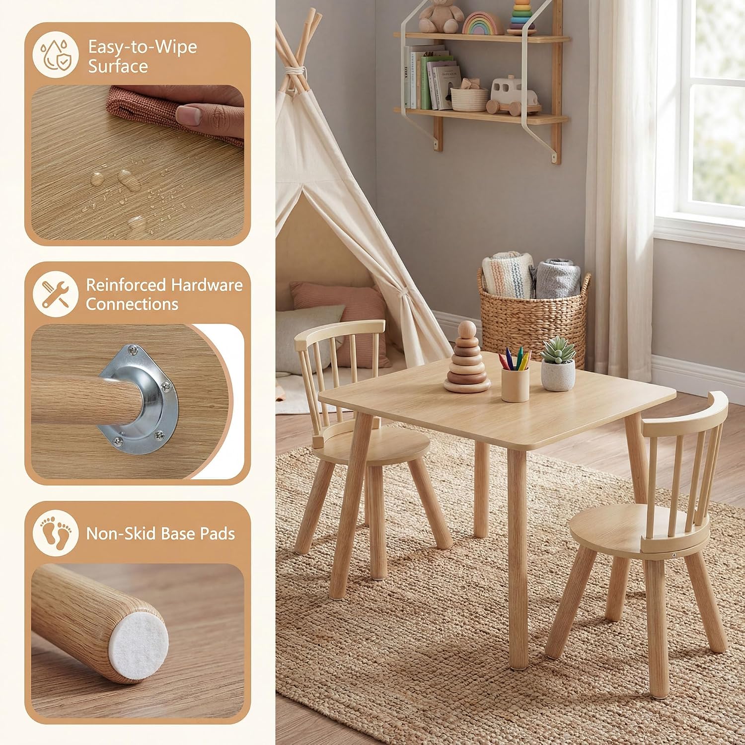 Costzon Kids Table and Chairs, 3 PCS Wooden Desk Set for Toddlers (Natural) | Pine Wood Frame, 2 Rounded Chairs, Nursery Children's Room Furniture for Arts, Crafts, Reading, Eating