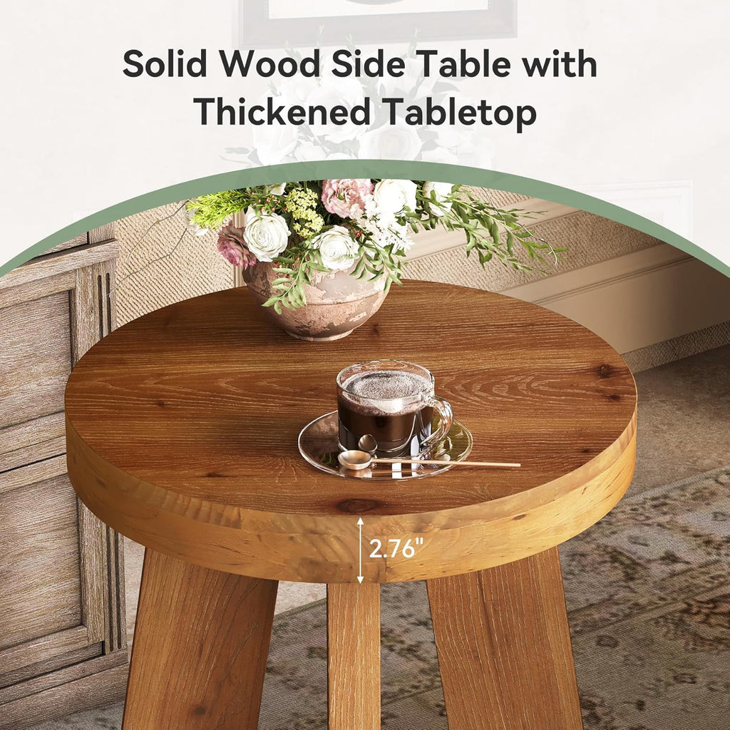 Round Side Table, Farmhouse Solid Wood End Table for Couch, Mid Century Modern Side Table with Heavy-Duty Legs, Small Bedside Table for Bedroom, Living Room, Walnut