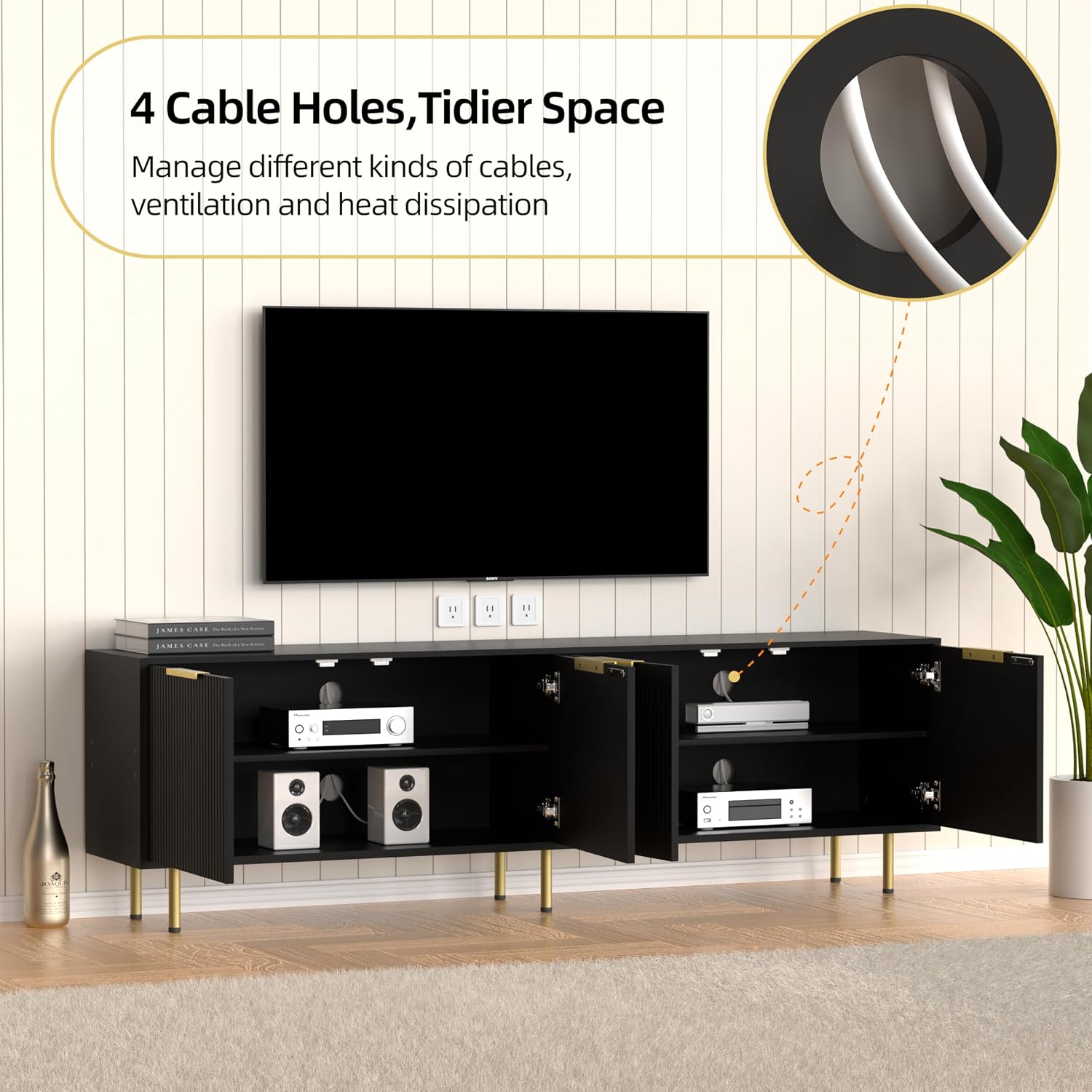 TV Stand for 80 Inch TV, Fluted TV Stand for Living Room, Mid Century Modern TV Stand with Adjustable Shelf, TV Entertainment Center with Storage for Bedroom, 70Inch, Black