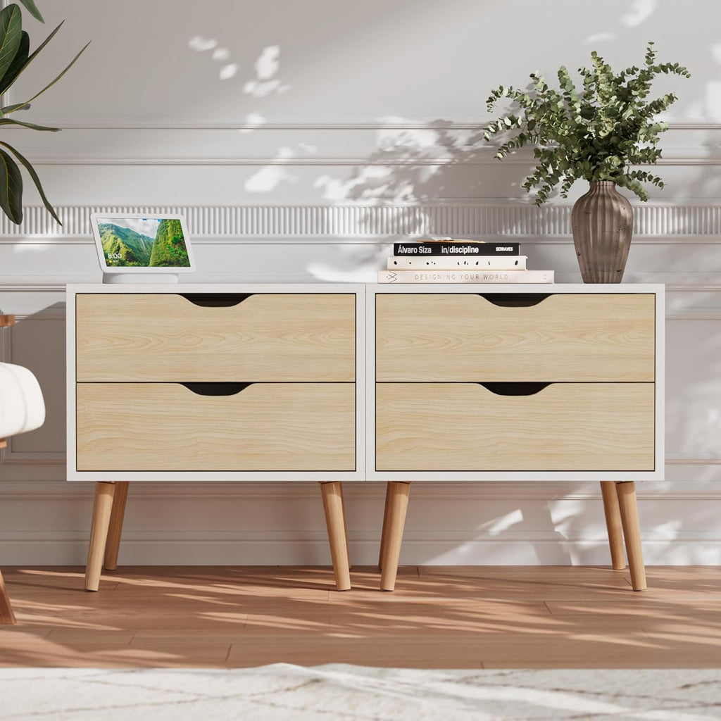 End Table Set of 2 with Storage Drawers, Modern Nightstands Small Sofa Side Tables, Accent Wooden Bedside Table for Living Room, White/Oak