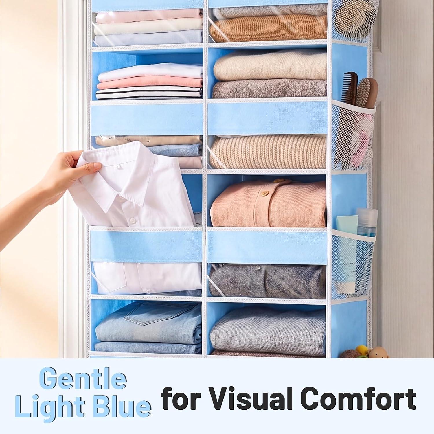 Blue Over the Door Organizer 5 Tiers, Extra Large Behind Door Storage of 10 Compartments, 80 lbs Weight Capacity Hanging Storage Organizer with Clear Window Kids Toys, Shoes, Diapers, Room storage