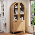 Pamapic 71" Tall Arched Cabinet, Fluted Kitchen Pantry with Glass Doors & Adjustable Shelves, Arch Storage Cabinet, Wooden Pantry for Dining Room, Living Room (Natural)