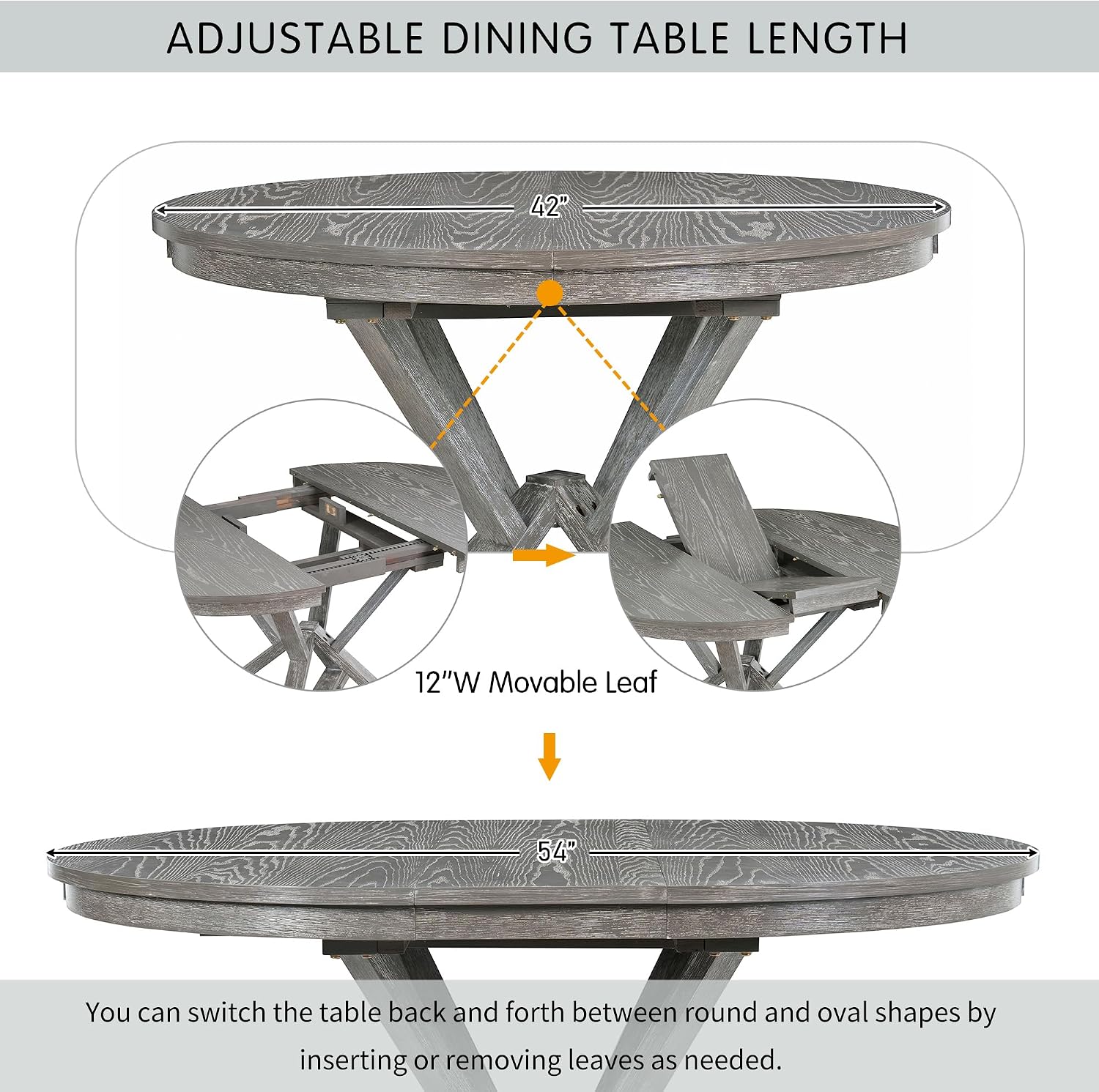 Merax Extendable Round Dining Table Set for 4, Farmhouse Kitchen Table Set with 4 Upholstered Chairs for Kitchen, Dining Room, Living Room, Grey