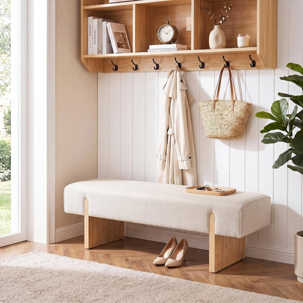 Zesthouse Solid Wood Bench for Bedroom, 55'' Upholstered Linen Fabric End of Bed Bench Queen Size, Modern Wooden Entryway Bench with Rubberwood Leg & Padded Cushion, Long Ottoman Bench Seat Indoor