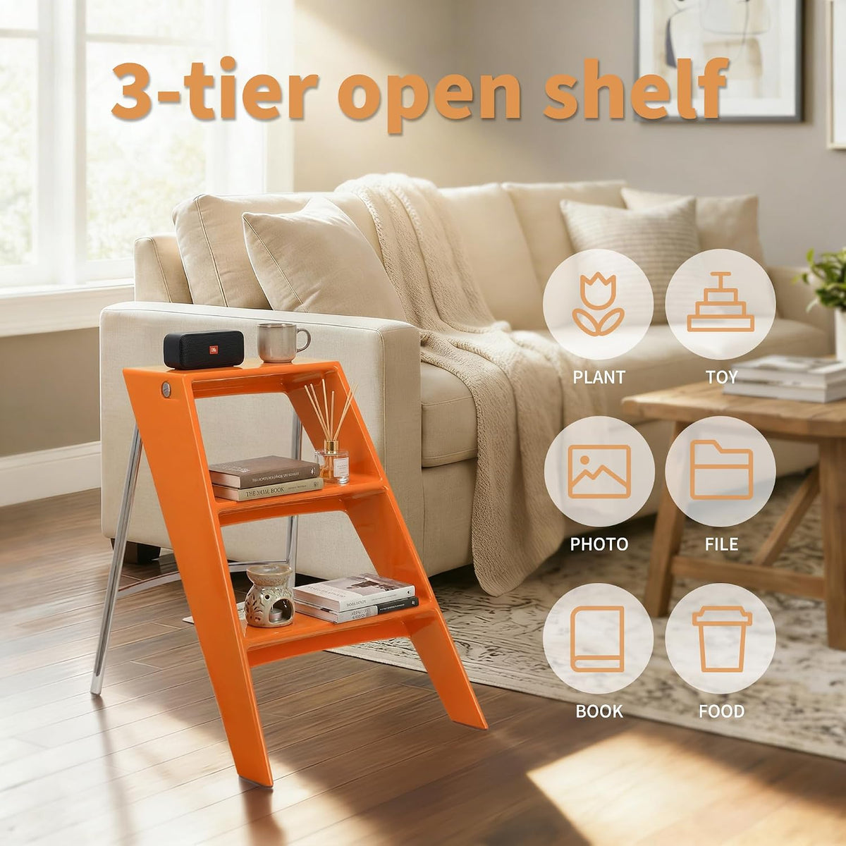 HOTEAGLE Modern Folding Chair - Multifunctional Design Doubles as Step Stool & Storage Shelf, Sturdy Engineering Plastic for Kitchen, Dining & Bistro,Orange