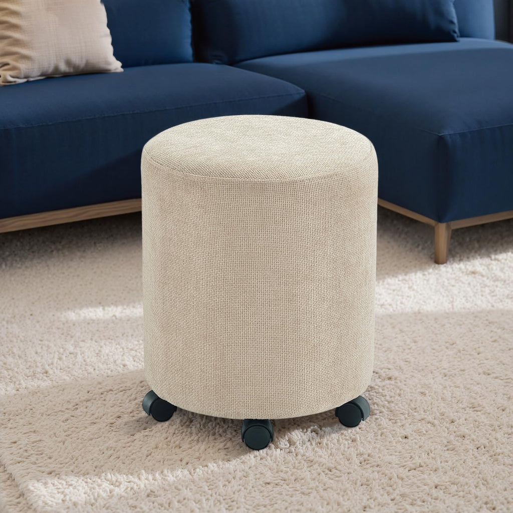Get Set Style Ottoman with Wheels, Rolling Vanity Stool for Makeup, Upholstered Vanity Rolling Chair Footrest Round Ottoman Foot Stool for Living Room, Bedroom Creamy