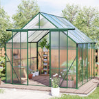 KEIKI 8x8 FT Double Door Polycarbonate Greenhouse with Aluminum Frame,Raised Base and Roof Vent,Walk-in Greenhouses for Patio Garden Backyard