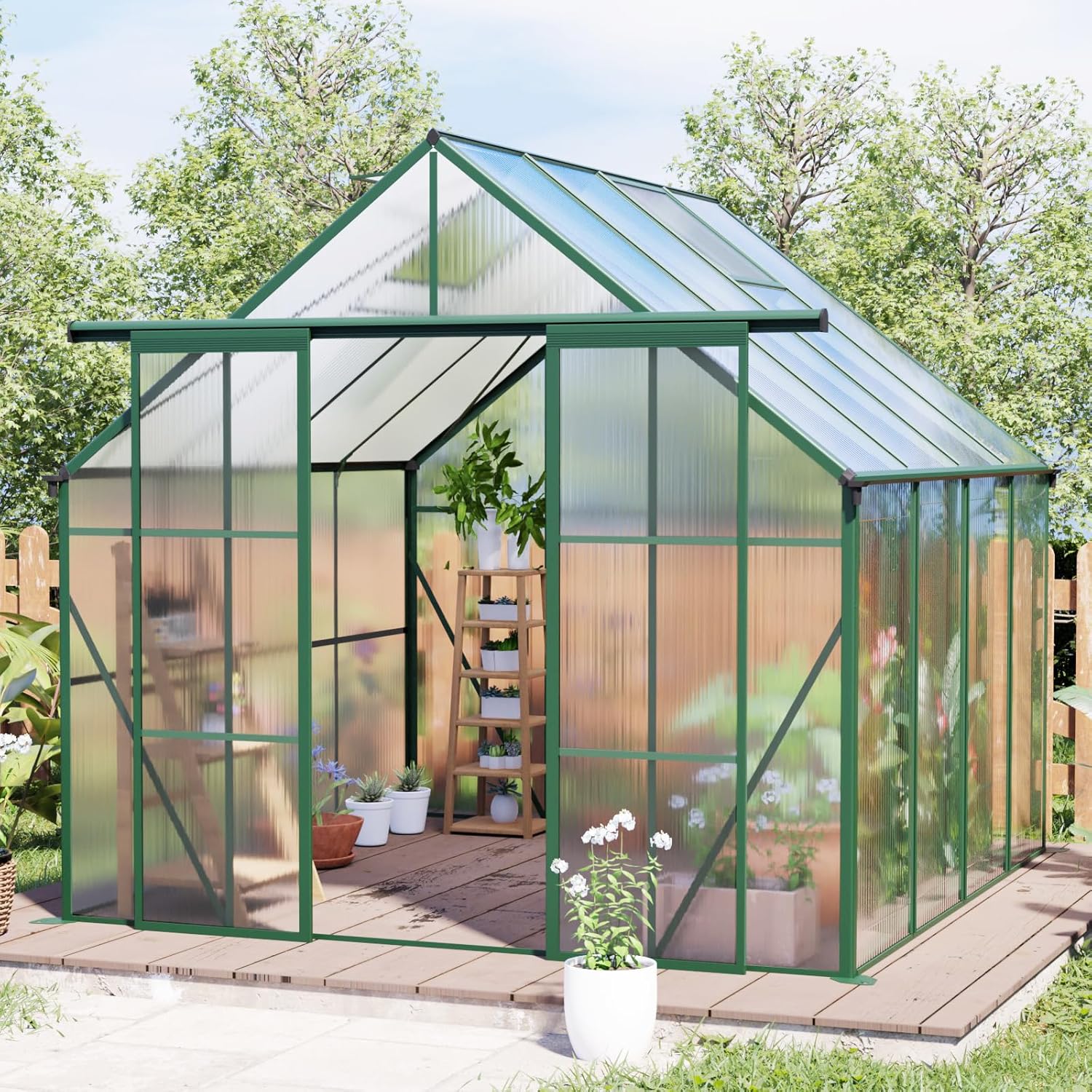 KEIKI 8x8 FT Double Door Polycarbonate Greenhouse with Aluminum Frame,Raised Base and Roof Vent,Walk-in Greenhouses for Patio Garden Backyard